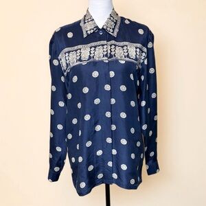 Diane Gilman 100% Silk Navy/Ivory Print Button Down Shirt Size S